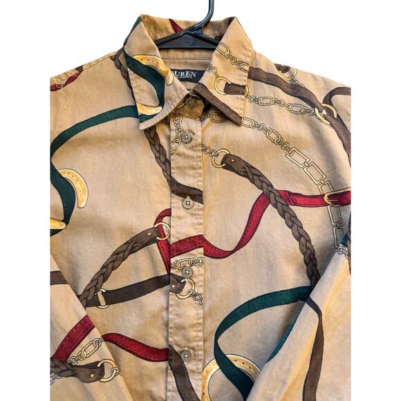 Lauren Ralph Lauren Black Label XS Belting Print Cotton Shirt Equestrian Blouse - Picture 8 of 10